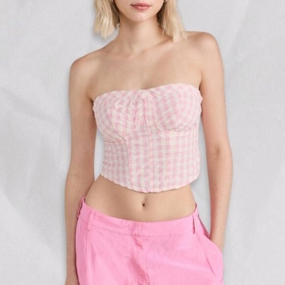 Free People Leilani Strapless Non-Slip Gingham Tube Top Pink White Women's L NWT - Picture 4 of 5